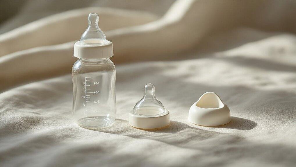 Baby bottle with brush and nipple, gentle baby feeding supplies, soft background, baby care equipment, safety and comfort for infants.