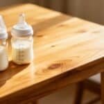 Baby bottles filled with milk on wooden table.