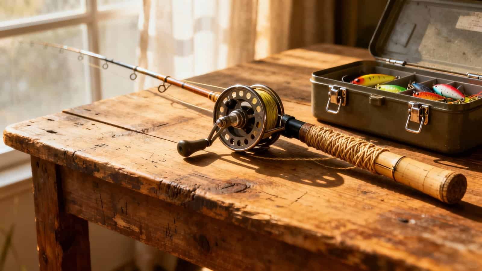 Fishing rod with reel and tackle box on rustic wooden table for fishing enthusiasts.
